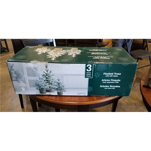 3 CHRISTMAS FLOCKED TREES WITH LED LIGHTS