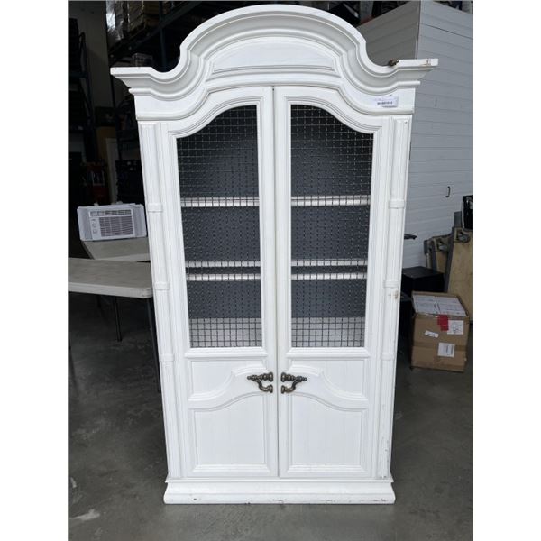 WHITE FARMHOUSE STYLE STORAGE CABINET - MISSING GLASS SHELVES