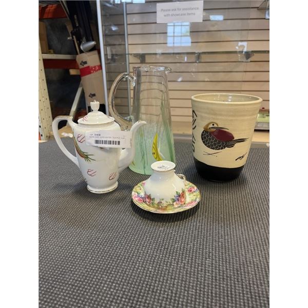 ASIAN VASE, GLASS WATER  TEA POT, CUP AND SAUCER