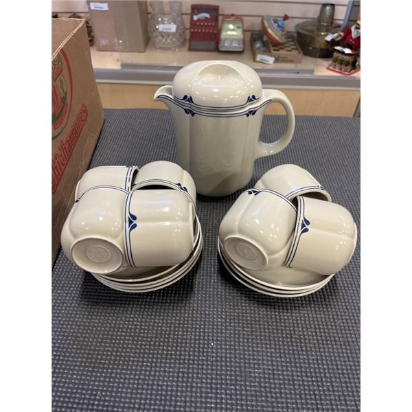 MADE IN GERMANY TEA SETTING - 8 CUPS AND SAUCERS, AND COFFEE POT W/ LID
