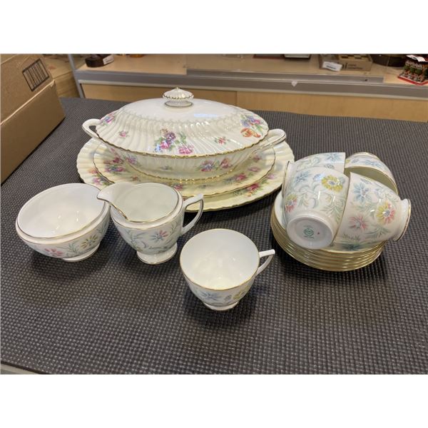 LOT OF MINTON CHINA - BALA PLATTER AND SERVING DISH, VANESSA CUPS, SAUCERS, CREAM, AND SUGAR