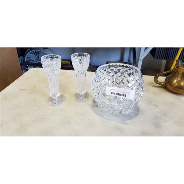 CRYSTAL BOWL AND 2 PINWHEEL CRYSTAL VASES.
