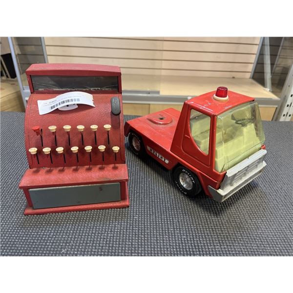 VINTAGE RED TOY TRUCK AND VINTAGE TOY CASH REGISTER