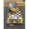 Image 1 : TRAY OF TOYS INCLUDING VINTAGE TOP, CHESS BOARD, FISHING HOOKS, DOOR KNOB