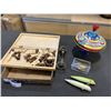 Image 2 : TRAY OF TOYS INCLUDING VINTAGE TOP, CHESS BOARD, FISHING HOOKS, DOOR KNOB