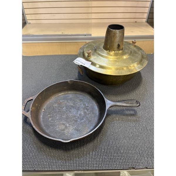CAST IRON PAN AND ANTIQUE BRASS CAKE POT