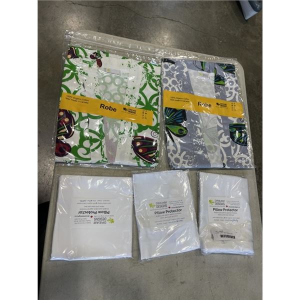 2 NEW ROBES AND 3 NEW PILLOW PROTECTORS, ASSORTED SIZING FOR ALL