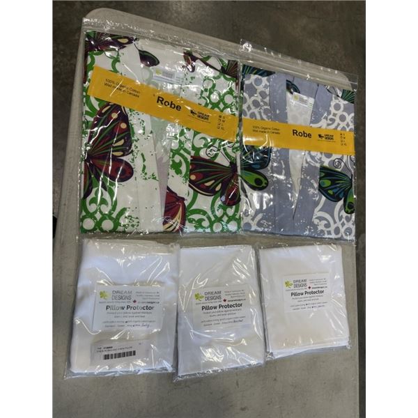 2 NEW ROBES AND 3 NEW PILLOW PROTECTORS, ASSORTED SIZING FOR ALL