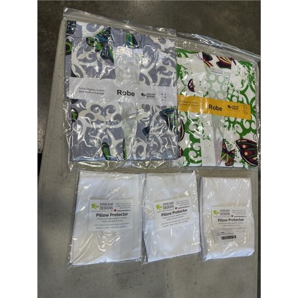 2 NEW ROBES AND 3 NEW PILLOW PROTECTORS, ASSORTED SIZING FOR ALL