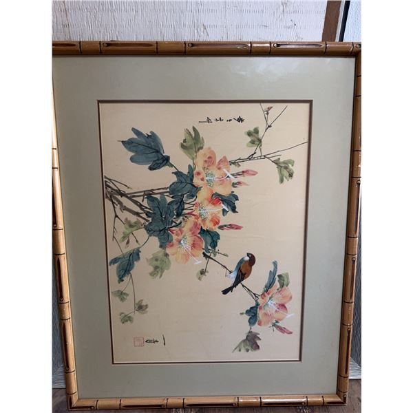 Framed Asian Floral and Bird Print 22x27in