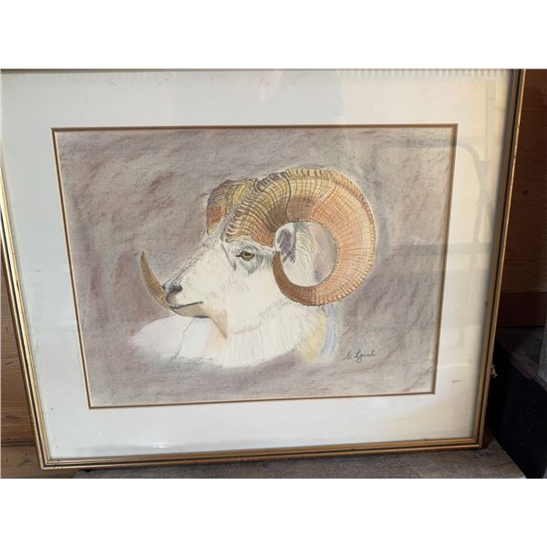 G. Lynch Framed Ram Portrait Drawing