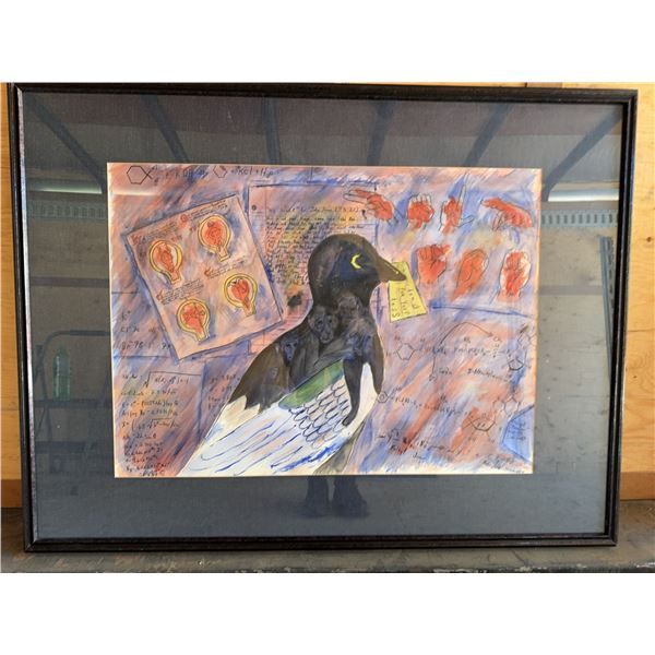 Framed Mixed Media Artwork with Bird and Diag