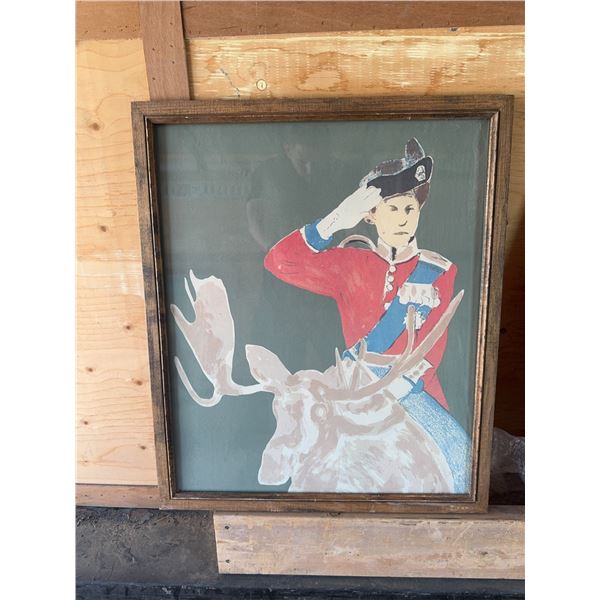 Framed Painting of Soldier on Moose