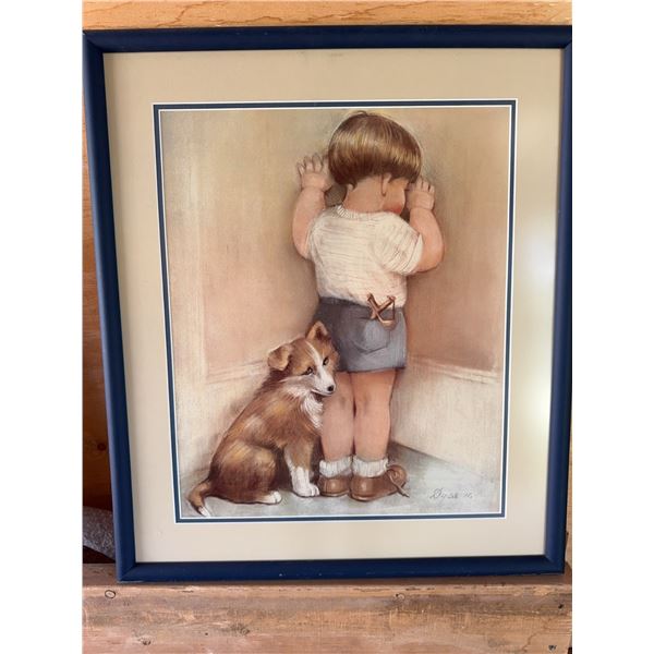 Framed Print Boy in Corner with Dog