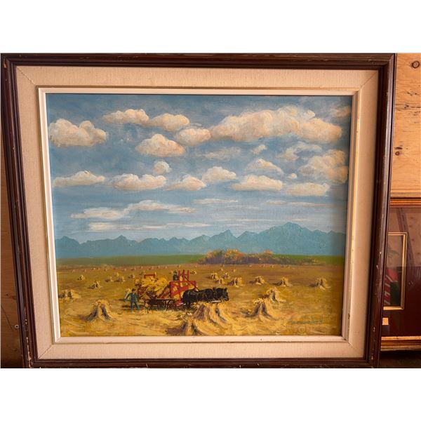 Framed Oil Painting: Farm Harvest Scene