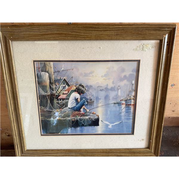 Framed Harbor Scene Print With Child