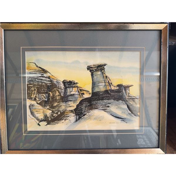 Framed Landscape Watercolor and Ink Drawing