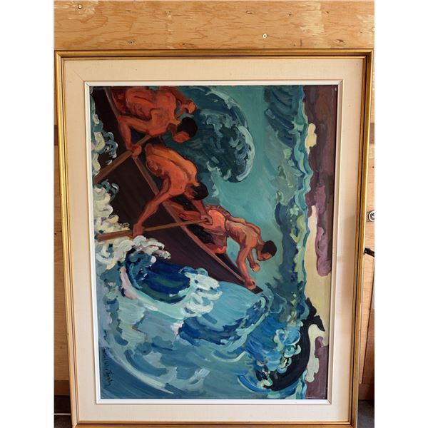 Framed Painting of Three Rowers in Turbulent 