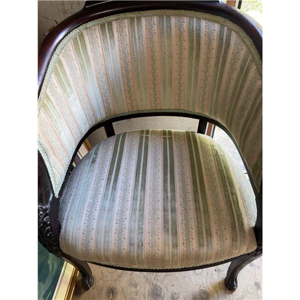 Carved Wood Armchair with Striped Upholstery