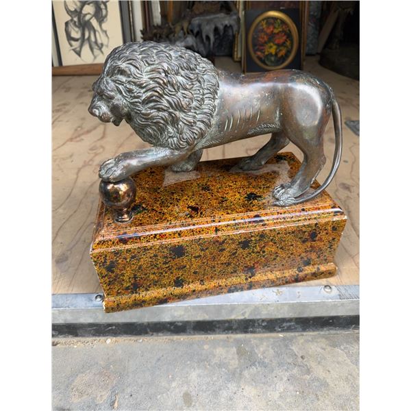 Bronze Lion Sculpture on Stone Base