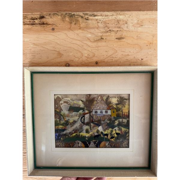 Framed Shell Art With Mill House Scene