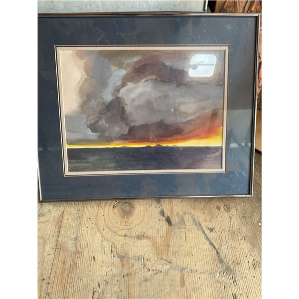 Framed Watercolor Landscape With Storm Clouds