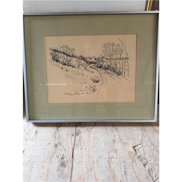 Framed Pen and Ink Landscape Drawing