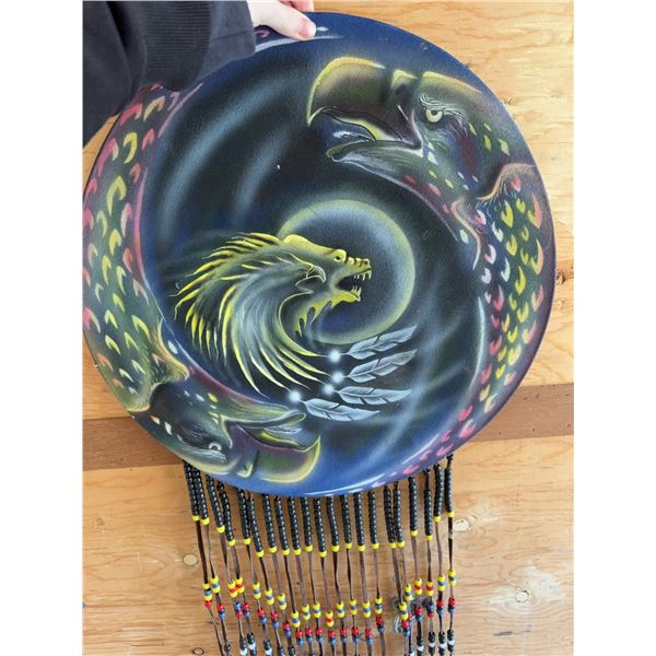 Hand-Painted Drum with Eagle and Wolf Motifs