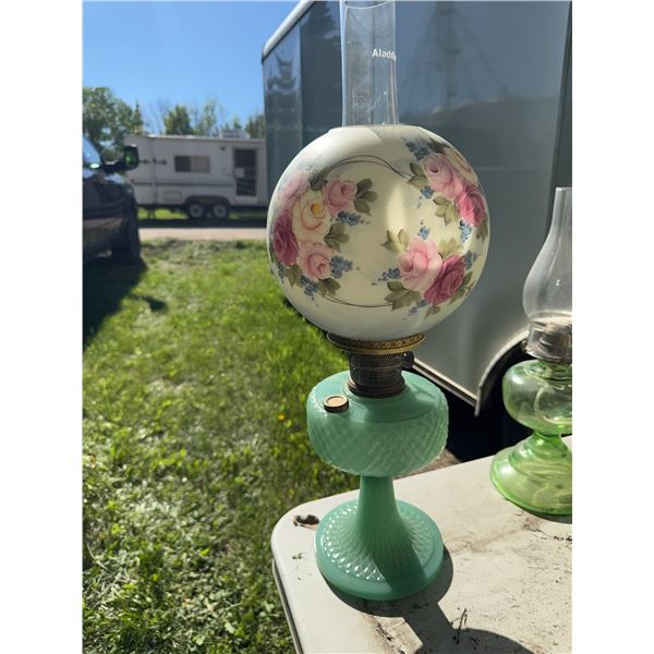 Green Opalescent Oil Lamp with Floral Globe