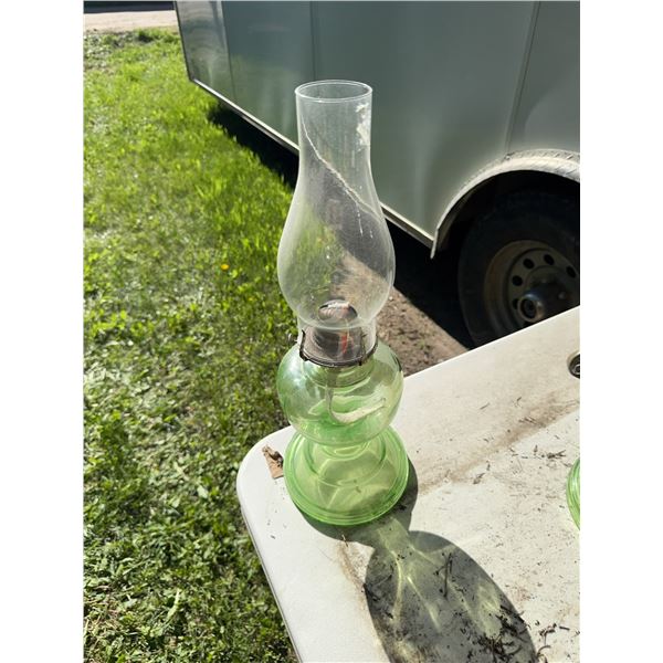 Green Glass Oil Lamp with Chimney