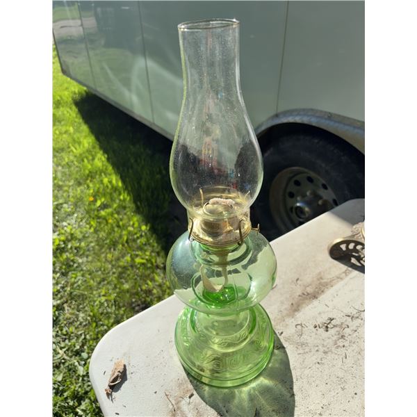 Green Glass Oil Lamp with Brass Burner