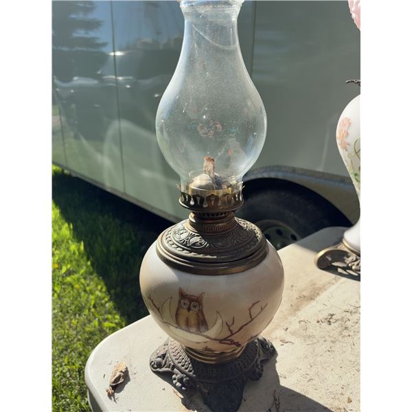 Glass and Metal Oil Lamp with Owl Motif