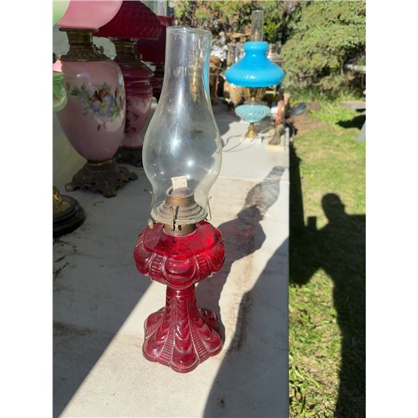 Red Glass Oil Lamp with Chimney