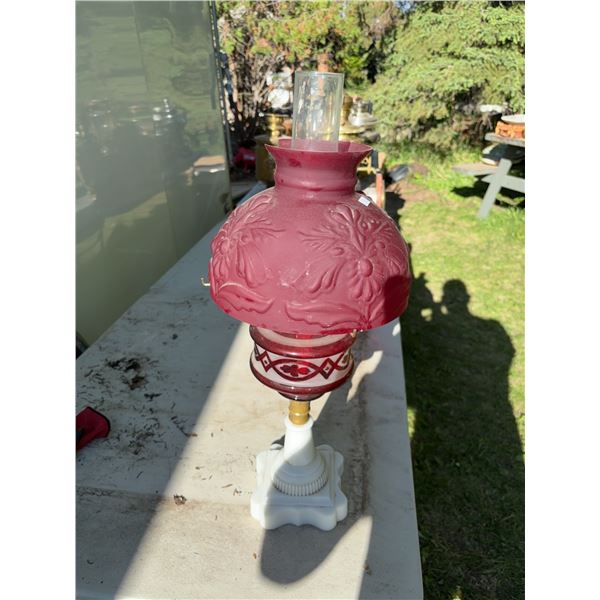 Pressed Glass Oil Lamp With Red Shade