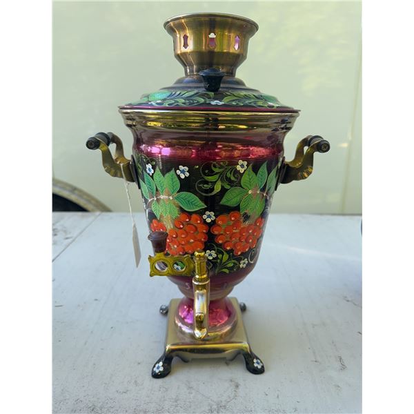 Decorative Russian Brass Samovar with Floral Motif, 30 cm Tall