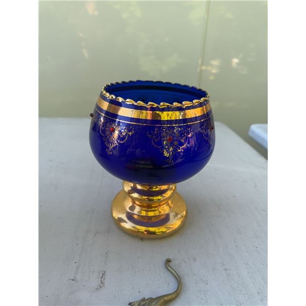 Vintage Bohemian Blue and Gold Gilt Glass Vase, 8.5" Tall