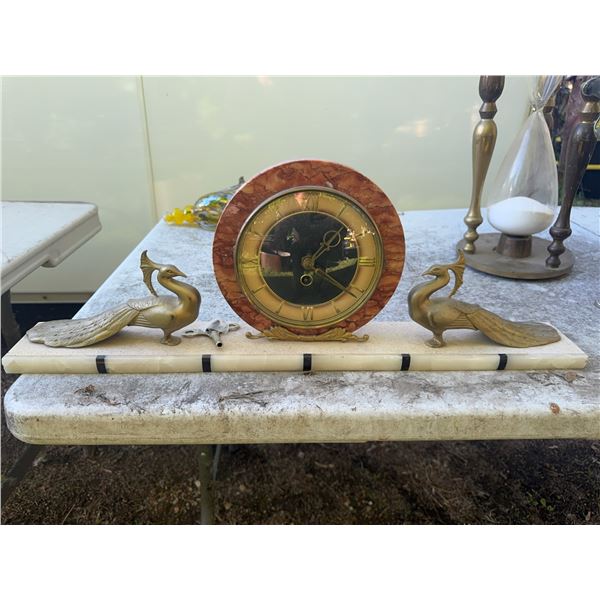 Vintage Art Deco Marble Mantel Clock With Bronze Peacock Figures