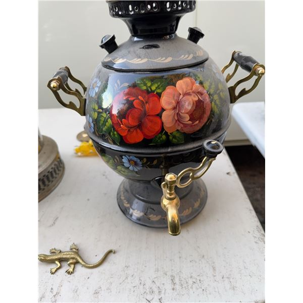 Hand-Painted Russian Electric Samovar With Gold-Trimmed Glassware