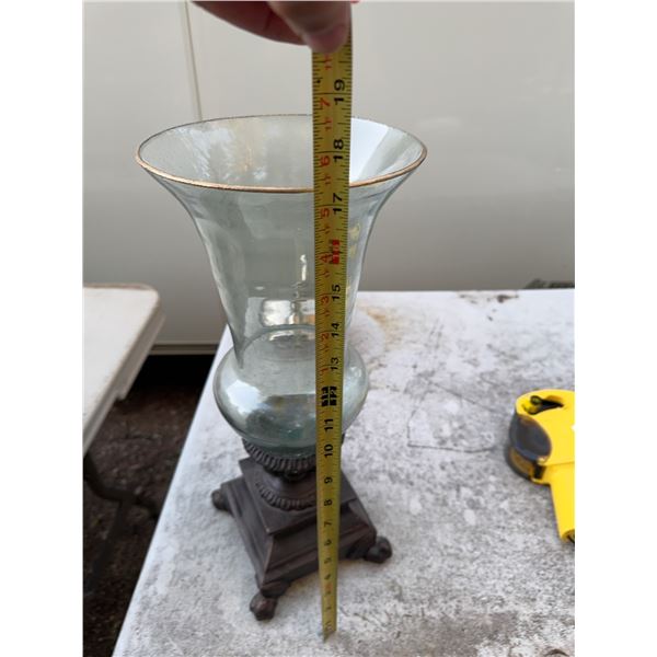 Vintage Glass Vase with Ornate Metal Base, 15-Inch Height
