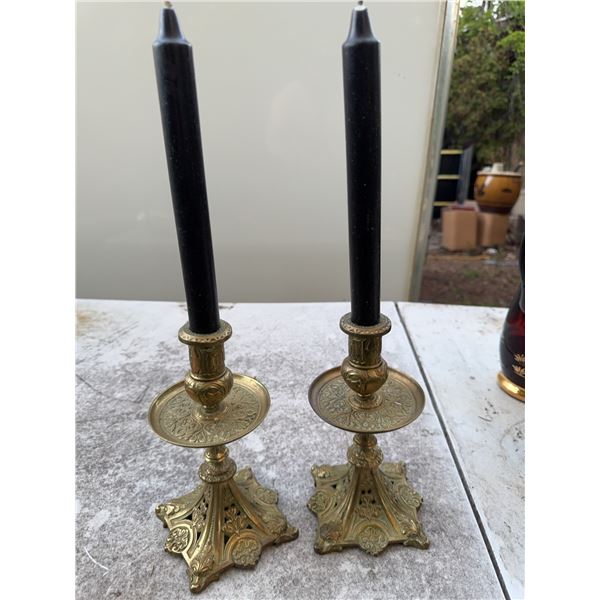 Ornate Brass Candle Holders with Black Taper Candles