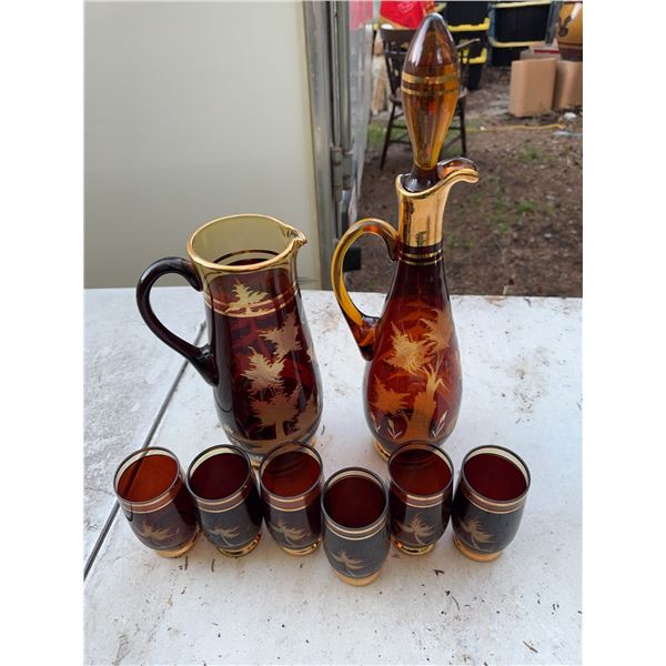 Vintage Amber and Gold Glass Decanter Set with Etched Floral Design