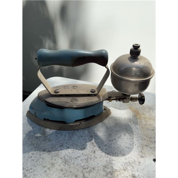 Blue Enamel Gasoline Sad Iron, Turner Co.