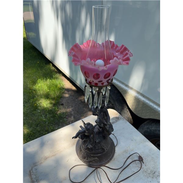 Cherub Metal Table Lamp with Pink Glass Shade