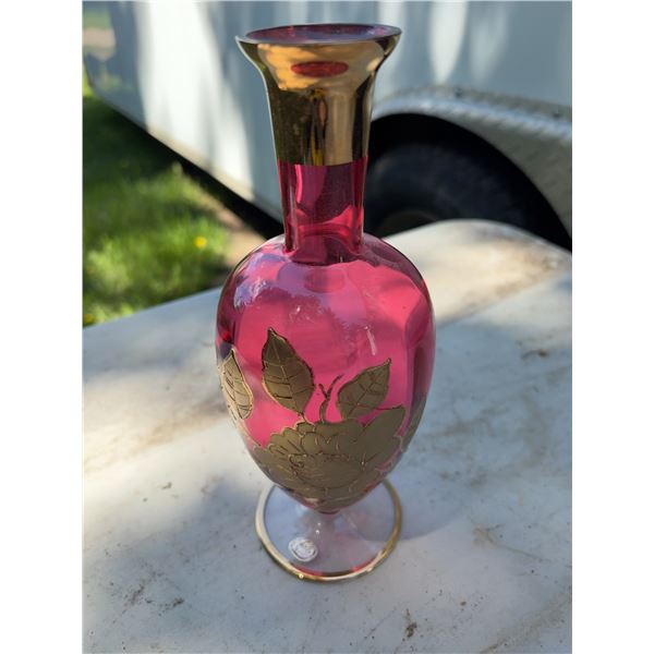 Miyao Japan Pink Glass Vase With Gold Rose