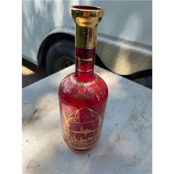 Red Glass Bottle with Gold Gilt Detailing