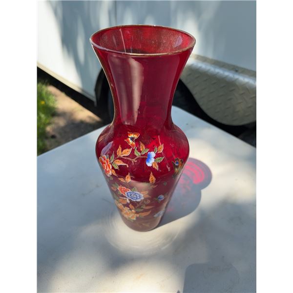 Legras Italy Red Glass Vase Floral Motif