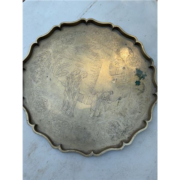 Engraved Brass Tray with Scalloped Edge
