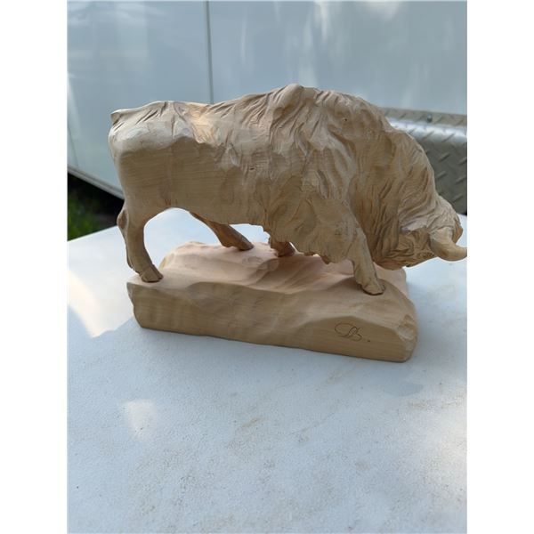 Hand-Carved Wood Bison Sculpture