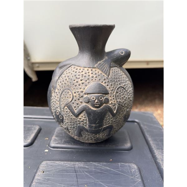 Black Ceramic Vase with Animal and Figure Mot