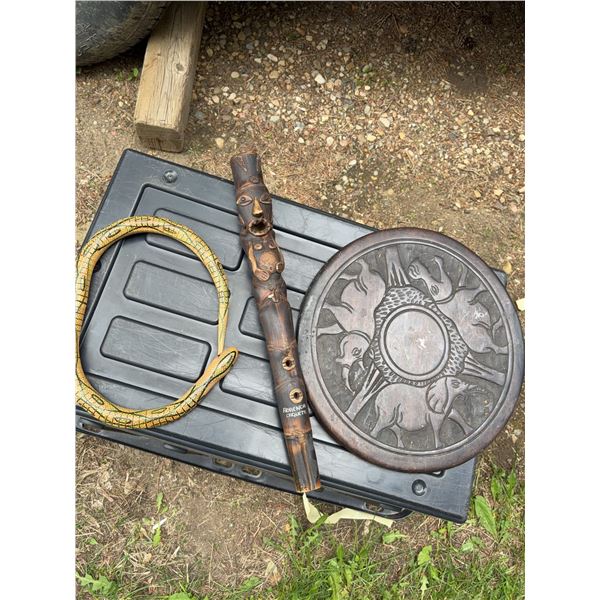 Carved Wooden Disc, Bamboo Flute, and Painted